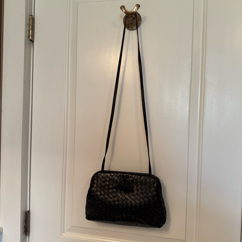 MEYERS USA CROSSBODY BAG BLACK LEATHER WOVEN BASKET WEAVE VINTAGE KISSLOCK HINGE - Picture 5 of 16